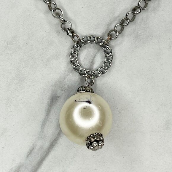 Chico's Silver Tone Chain Link Faux Pearl Rhinestone Pendant Necklace - Picture 2 of 11